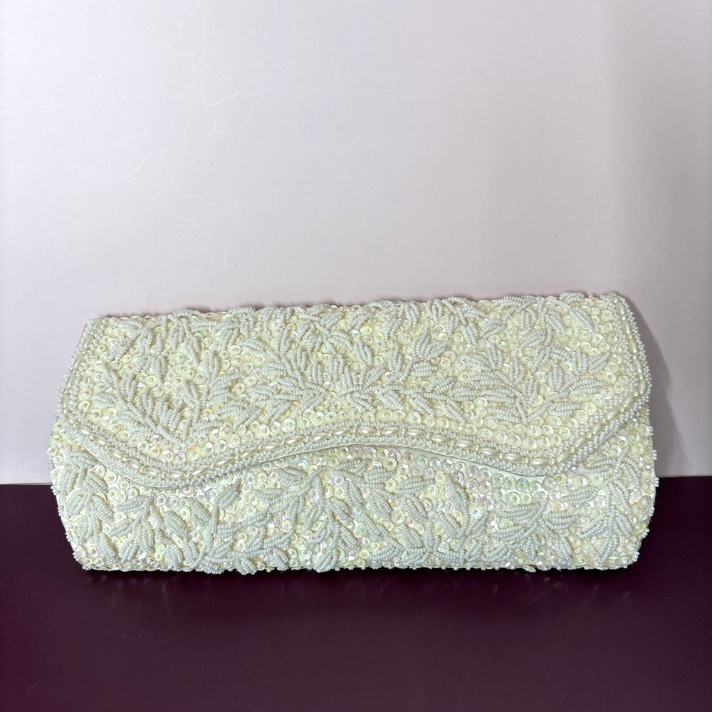 Vintage Sequined Evening Bag Hong Kong La Regale Ltd Ivory Beaded Wedding Clutch